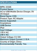 C2G 22335 USB Wall Charger - AC to USB Charger - 5V 2A Output
