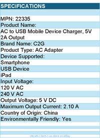 C2G 22335 USB Wall Charger - AC to USB Charger - 5V 2A Output