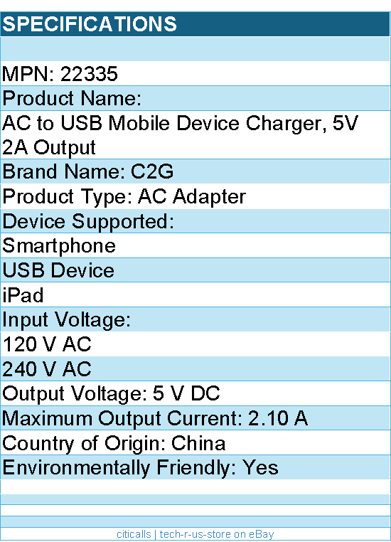 C2G 22335 USB Wall Charger - AC to USB Charger - 5V 2A Output