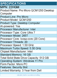 Dell 22HGM Pro Micro QCM1250 Desktop Computer - Intel Core Ultra 7 - Micro PC