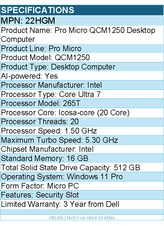 Dell 22HGM Pro Micro QCM1250 Desktop Computer - Intel Core Ultra 7 - Micro PC