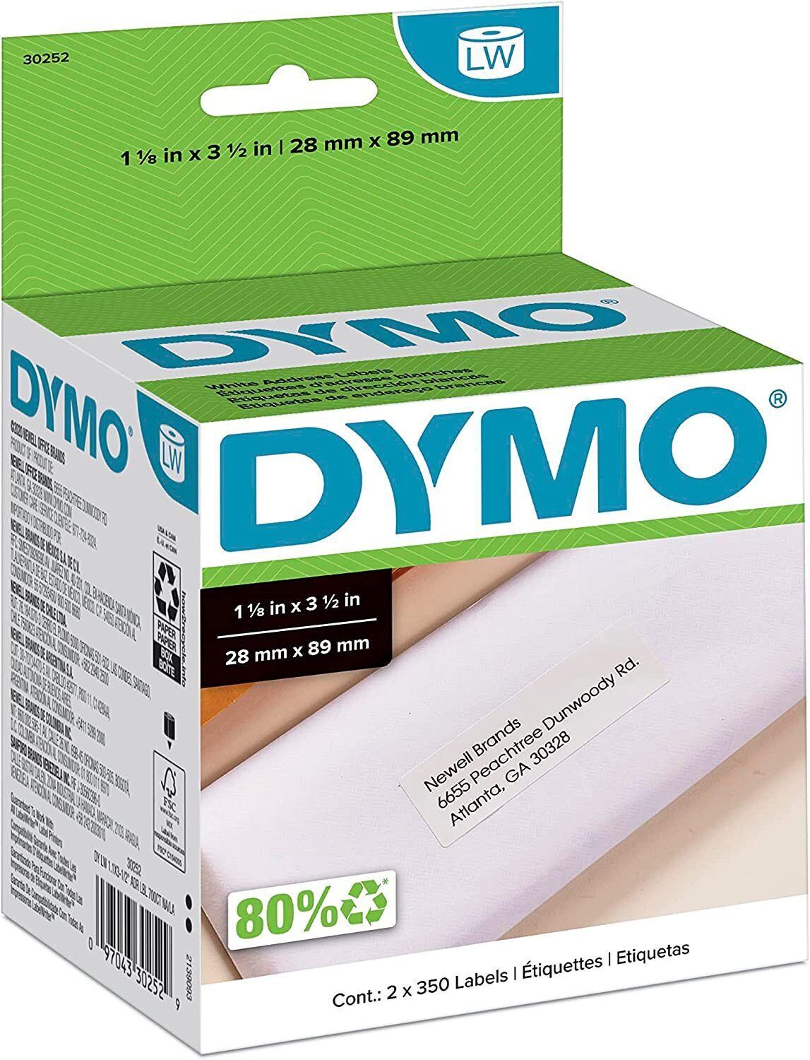 DYMO 30252 Mailing Address Label 1.12" Width x 3.50" Length 350/Roll Paper White