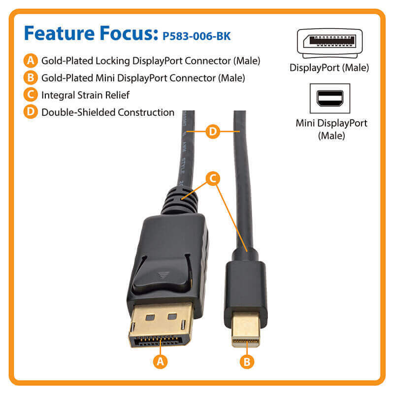 Tripp Lite P583-006-BK 6FT Mini DisplayPort to DisplayPort 1.2 Adapter Cable 4K