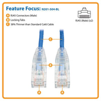 Tripp Lite N201-S04-BL 4ft Cat6 Gigabit Snagless Molded Slim UTP Patch Cable