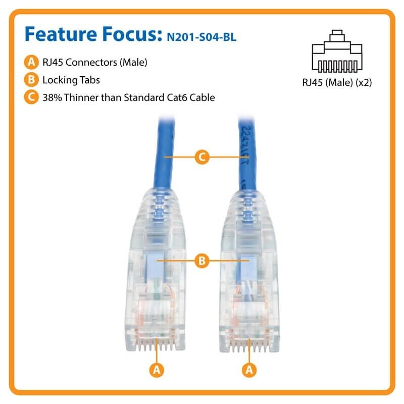 Tripp Lite N201-S04-BL 4ft Cat6 Gigabit Snagless Molded Slim UTP Patch Cable