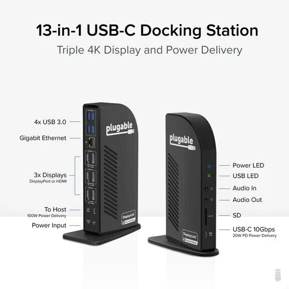 Plugable UD-ULTC4K 4K USB C Docking Station Triple Monitor with 100W Charging