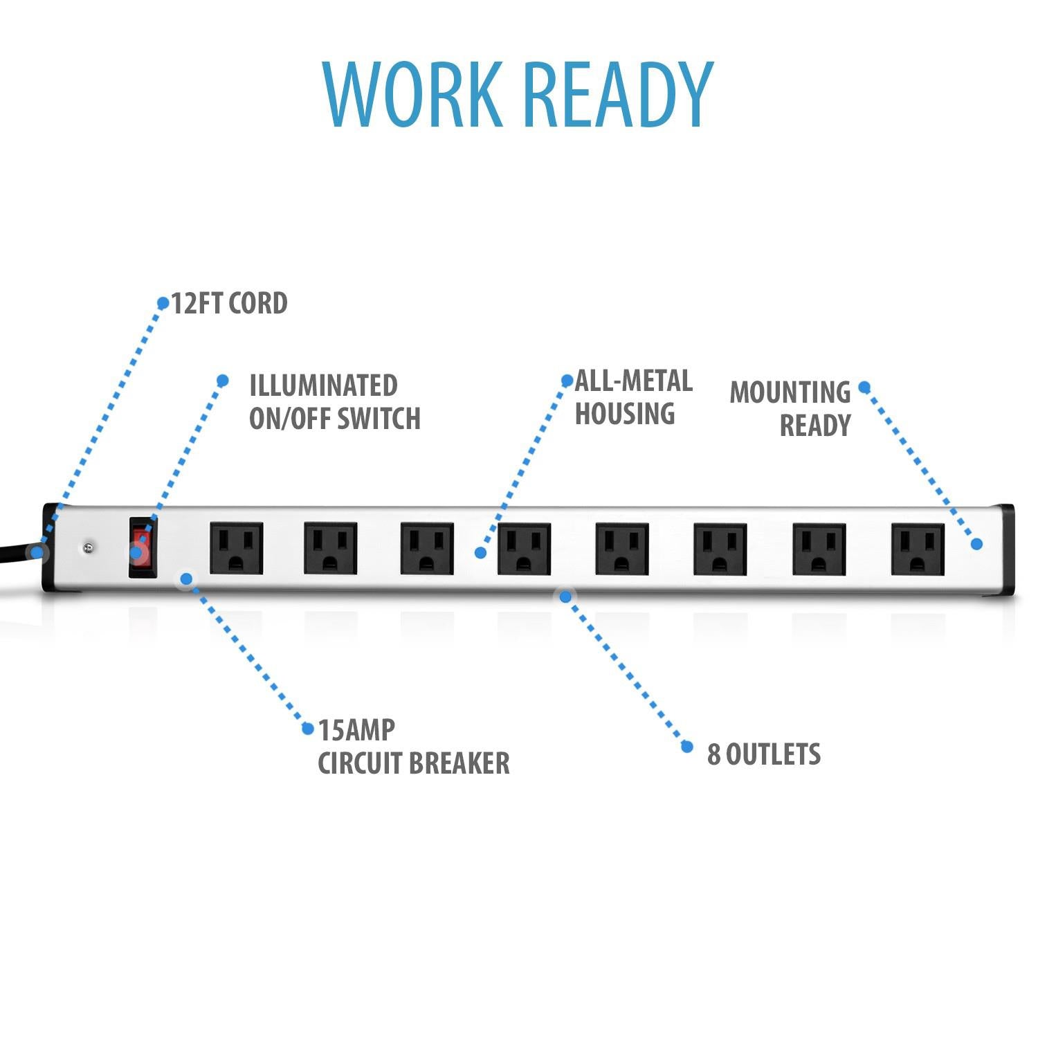 V7 PWS2308-1N 8-Outlet Horizontal Industrial Metal Power Strip 125V, 15A, 12-ft.