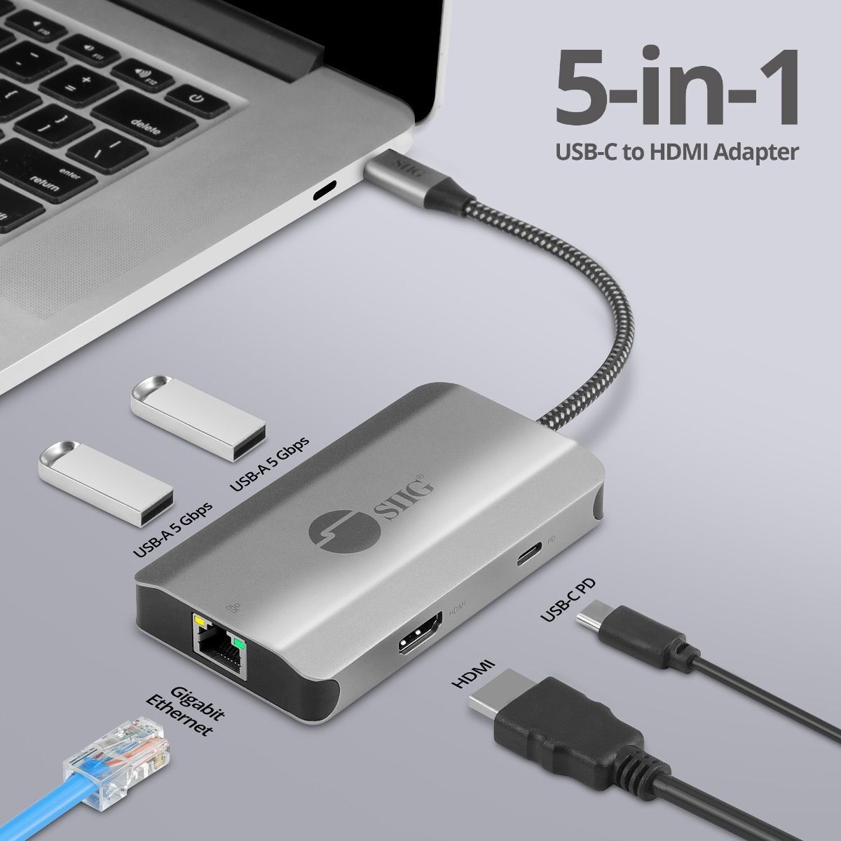 SIIG JU-H30L11-S1 USB-C to HDMI with LAN Hub & PD 100W Adapter - Docking Station