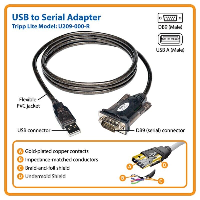 Tripp Lite U209-000-R 5FT USB-A to RS232 DB9 Serial Adapter Cable Male Male GRAY