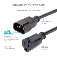 StarTech PAC100 1 ft (12") Computer Power Cord C14 to NEMA 5-15R IEC 320C