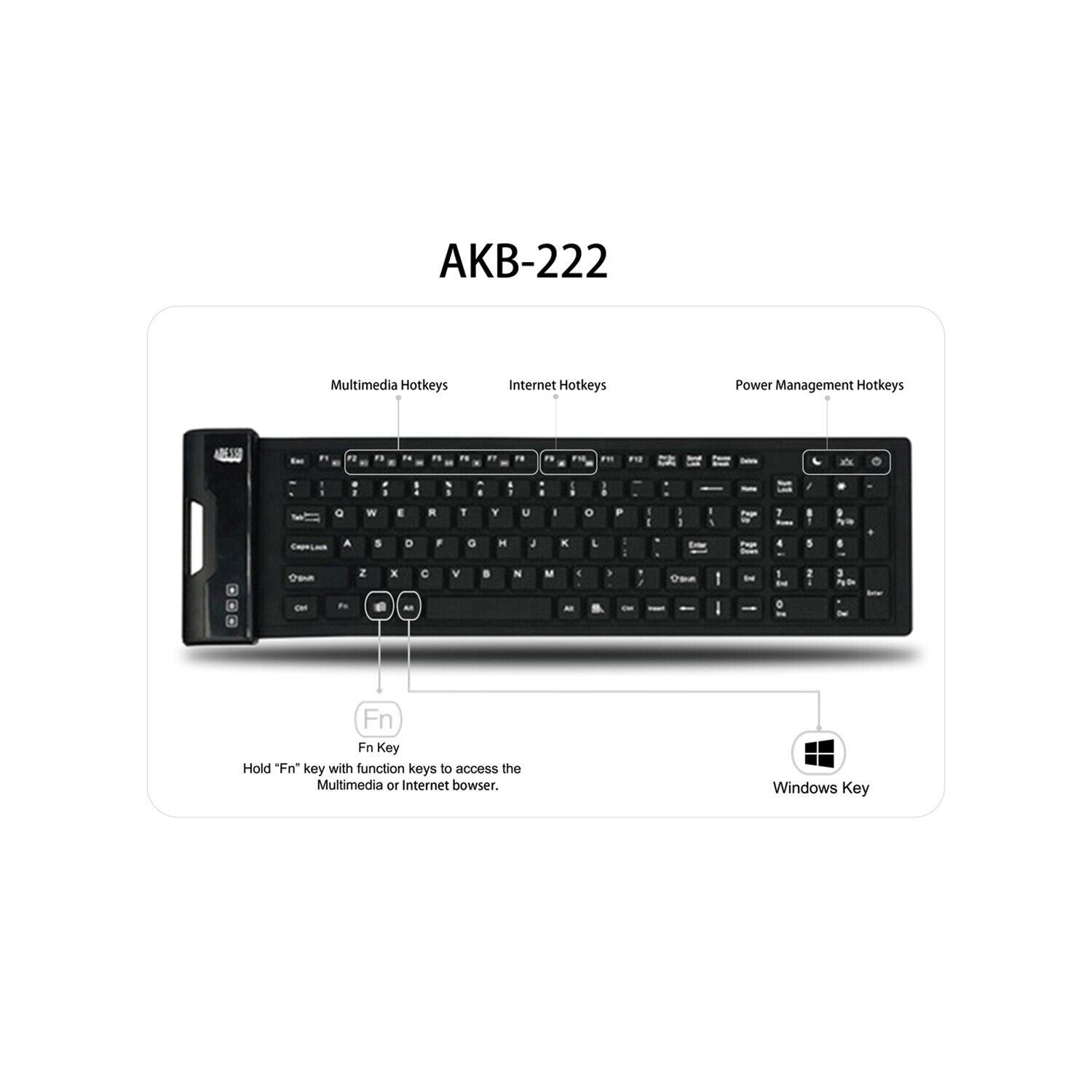 Adesso AKB-222UB Waterproof Antimicrobial Flexible Washable Compact Keyboard USB