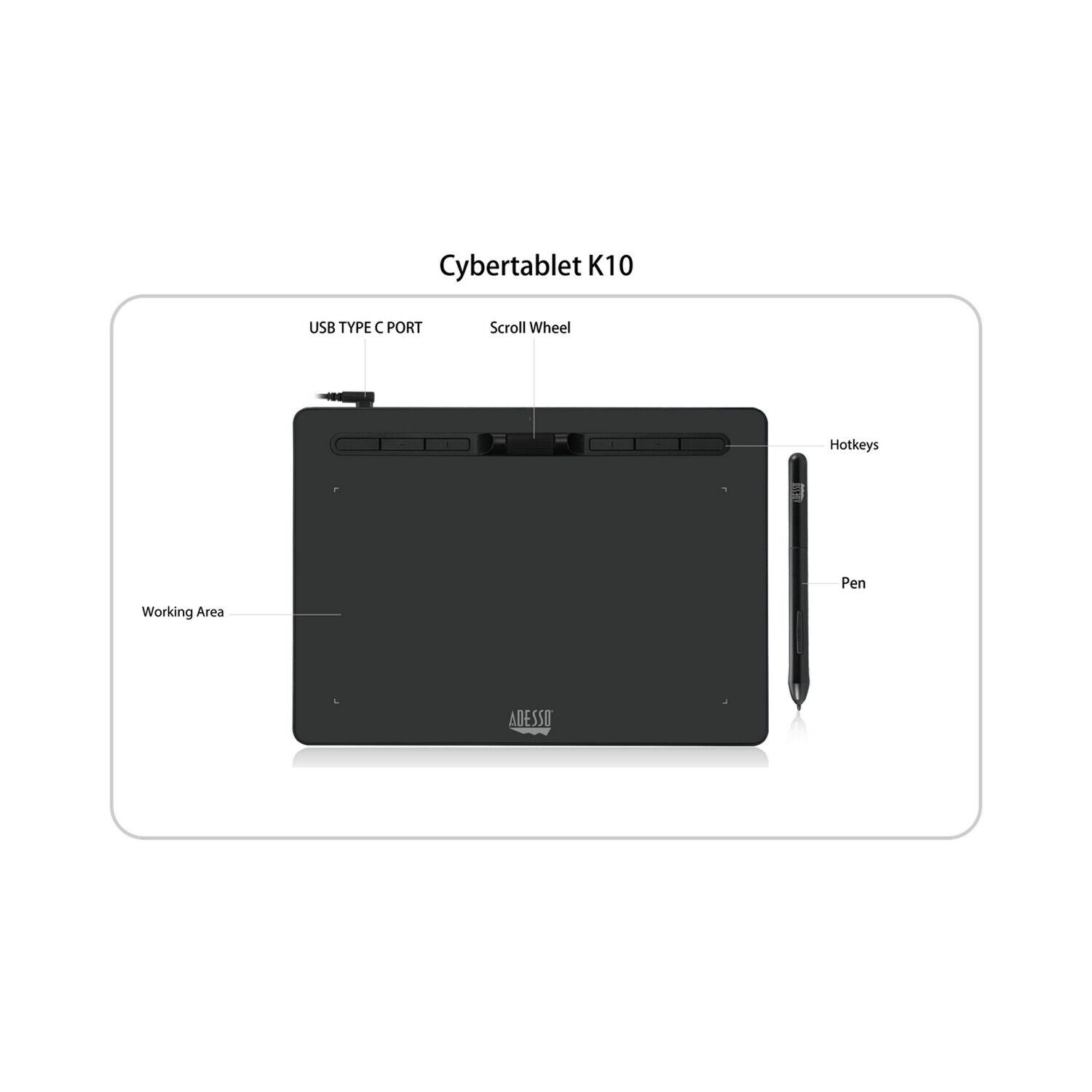 Adesso CYBERTABLET K10 10" x 6" Graphic Tablet USB-C No Battery Stylus PC MAC