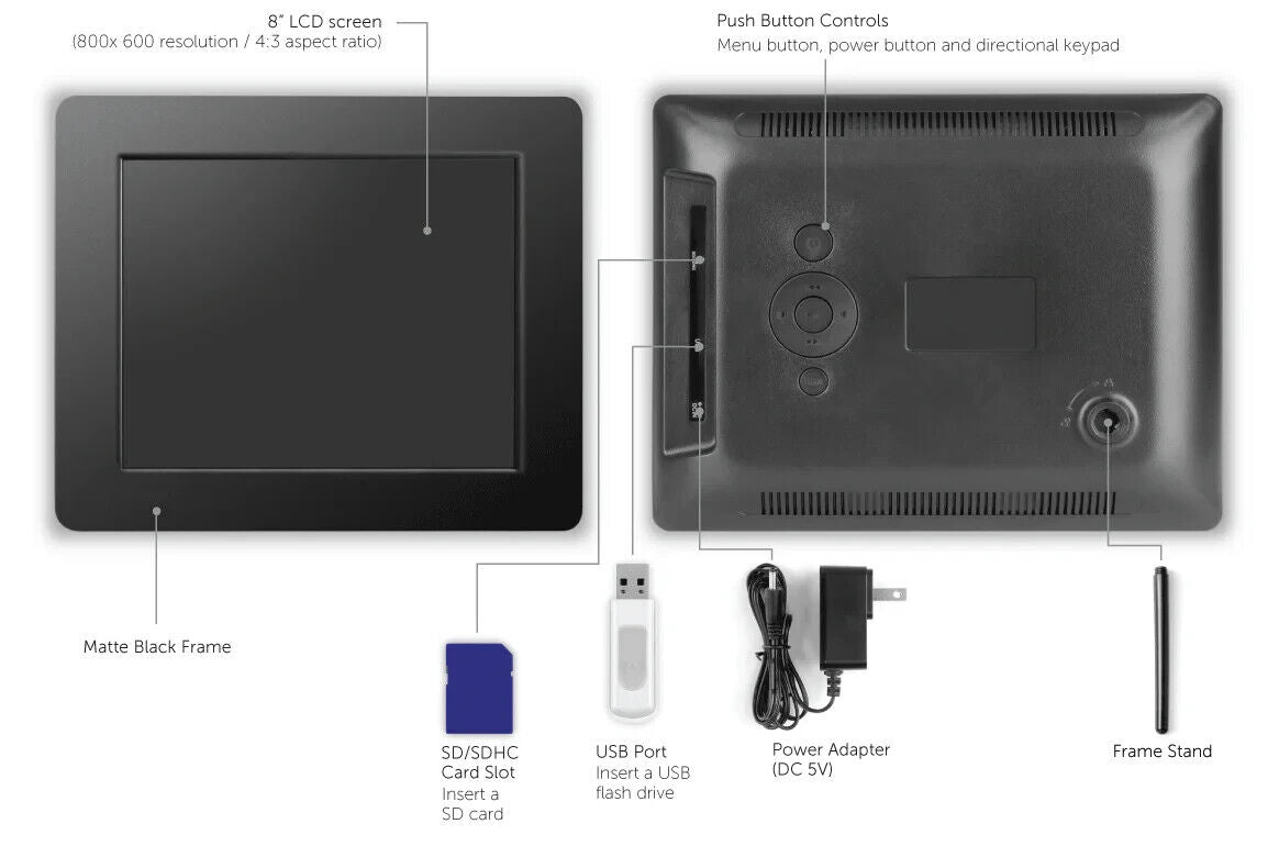 Aluratek ADPF08SF 8" LCD Digital Photo Picture Slideshow Frame 800x600 USB SD