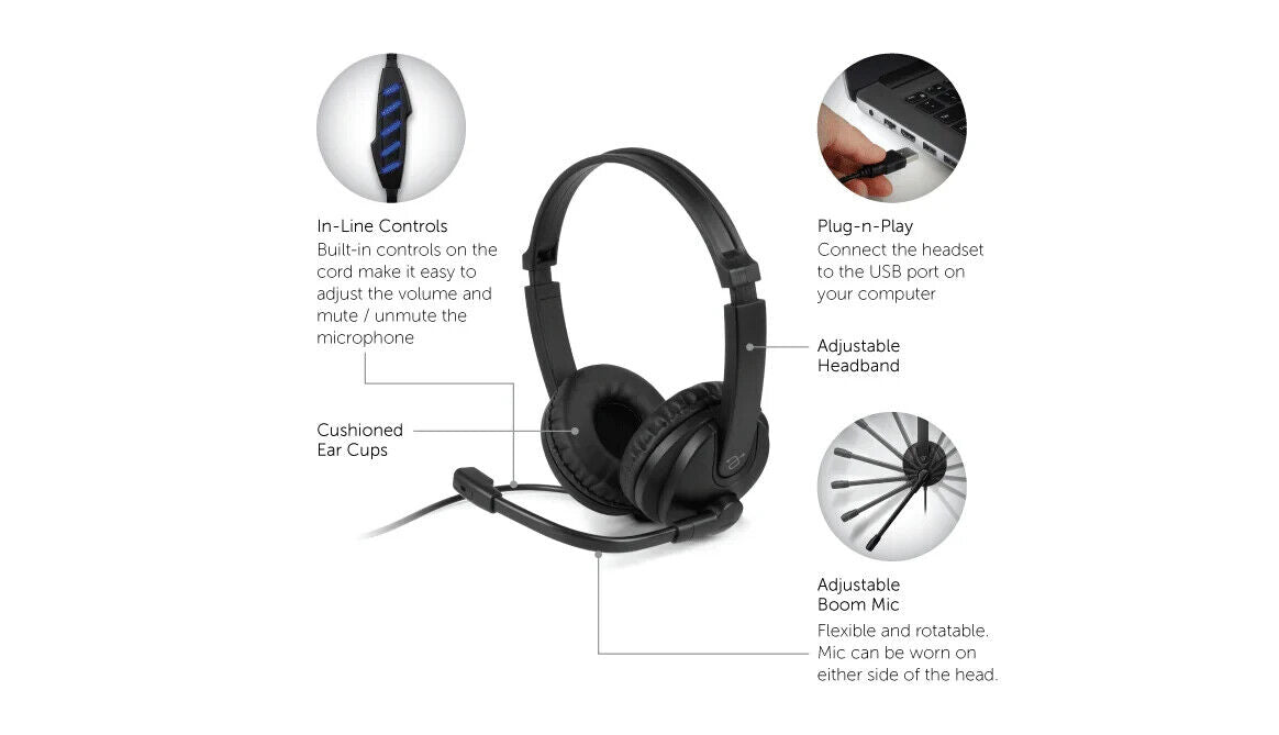 Aluratek AWHU02FB USB Stereo Headset with Boom Mic In-Line Controls Noise Cancel