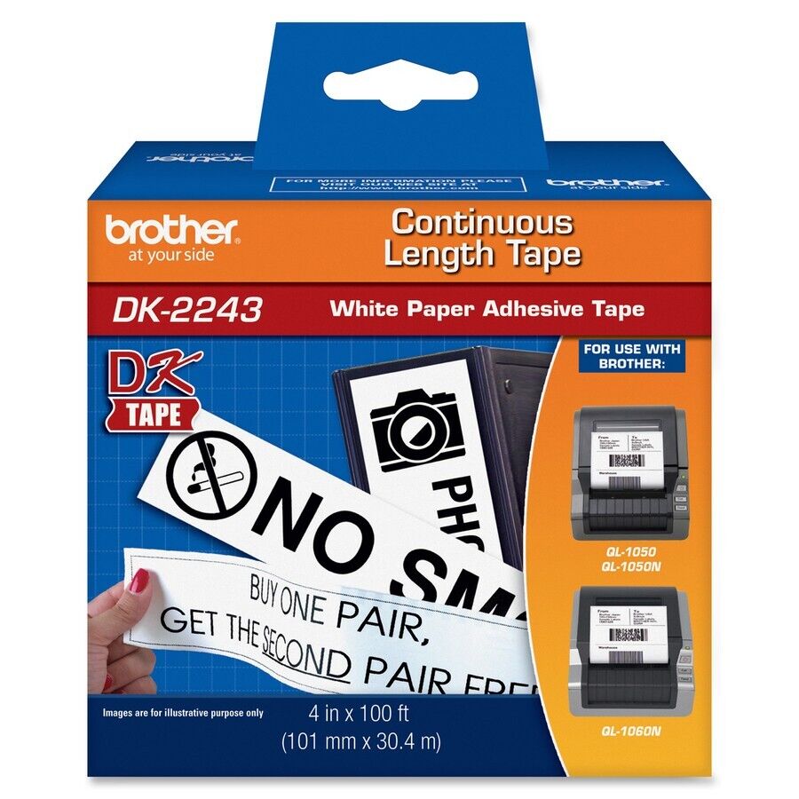 Brother DK2243 DK 4" x 100' Black on White Continuous Length Paper Tape Label