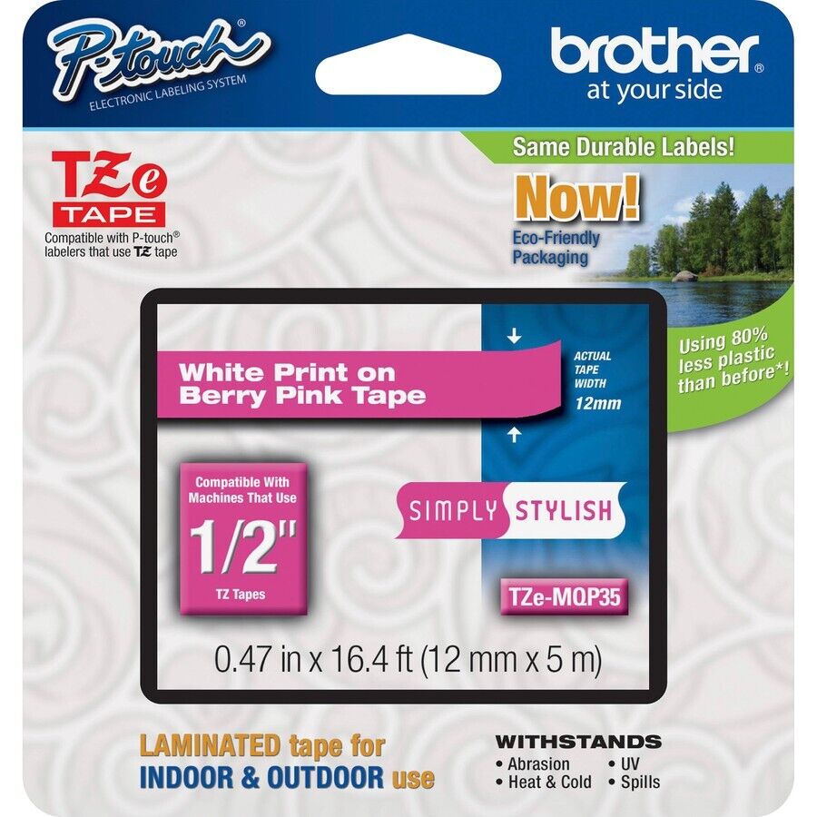 Brother TZEMQP35 P-Touch 1/2"x26.2' WHITE on BERRY PINK Laminated Label Tape