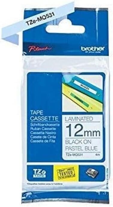 Brother TZEMQ531 P-Touch 1/2"x26.2' BLACK on PASTEL BLUE Lam Label Tape Cartridg