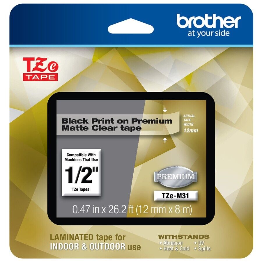 Brother TZeM31 P-Touch 1/2x26.2' BLACK on MATTE CLEAR Flexible Lam Label Tape