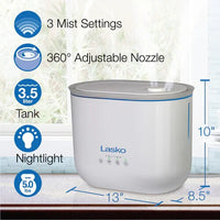 Lasko UH250 10" Top Fill Ultrasonic Cool Mist Humidifier 3.5L Scent Tray WHITE