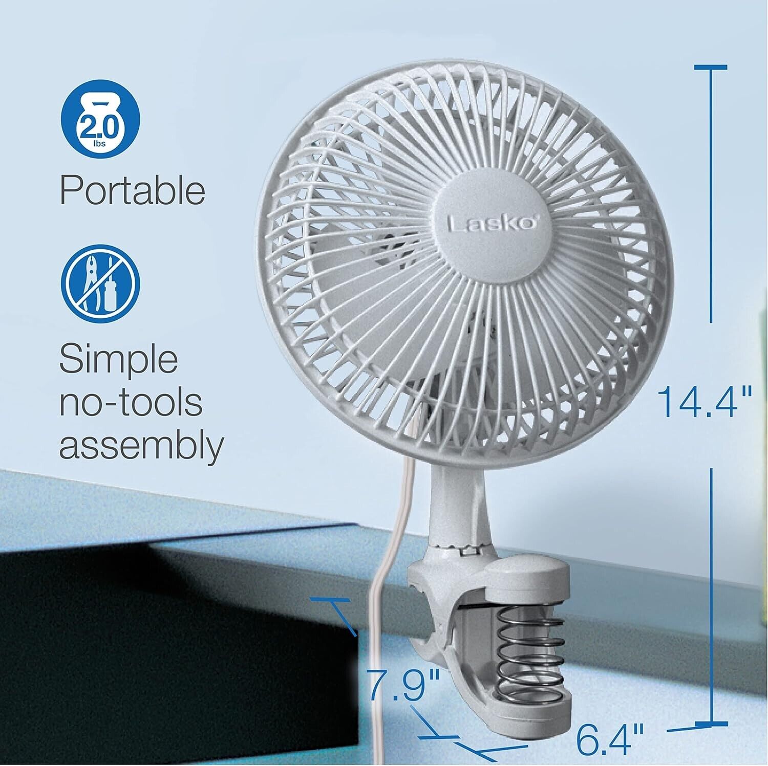 Lasko 2004W 6" Perconal Desk CLIP Fan Pivoting Tilt Quiet Portable Easy WHITE