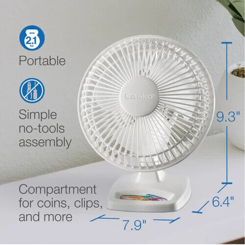Lasko 2002W 6" Personal Desk Fan Pivoting Head Quiet Portable Easy Grip WHITE