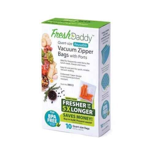 Presto 09513 FreshDaddy Reusable Quart-Size Vacuum Zipper Bags w Ports 10/Pack