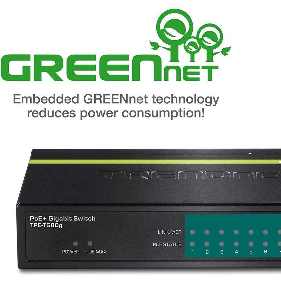 TRENDnet TPE-TG80G 8 Port Gigabit PoE+ Unmanaged Switch 123W Power Budget Metal