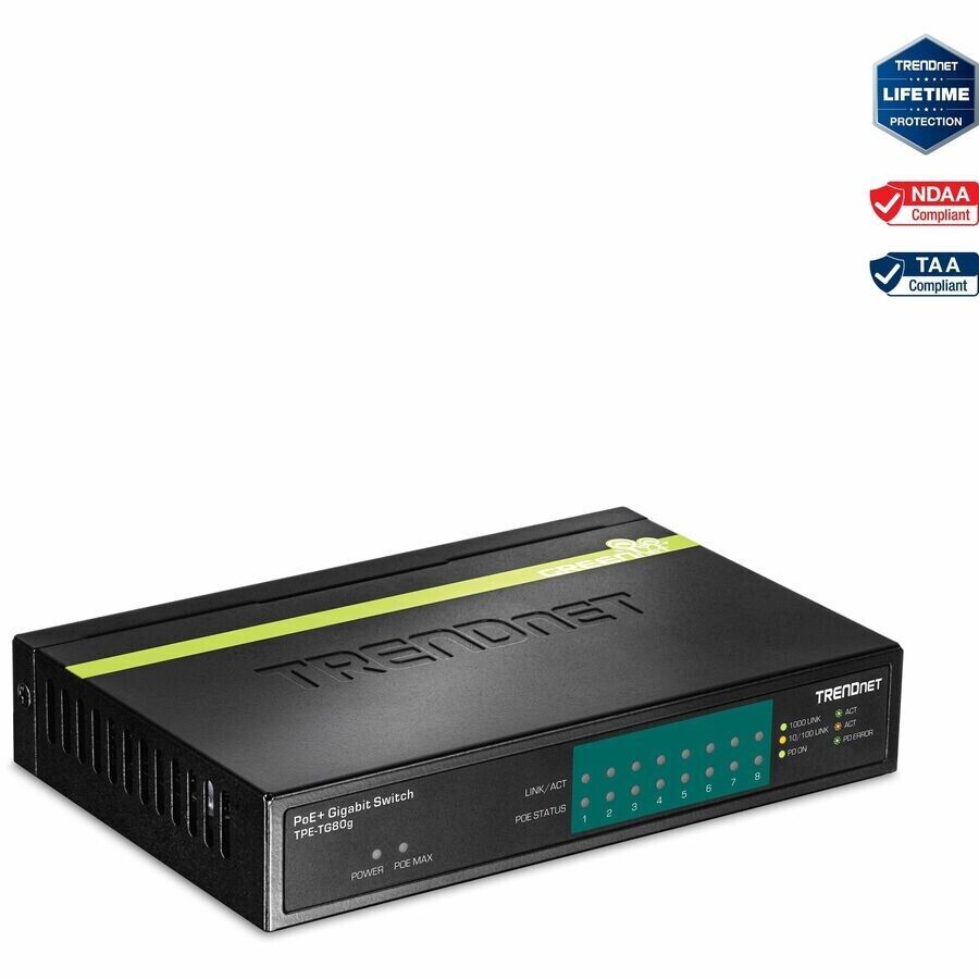 TRENDnet TPE-TG80G 8 Port Gigabit PoE+ Unmanaged Switch 123W Power Budget Metal