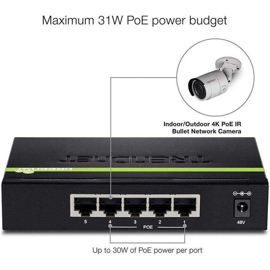 TRENDnet TPE-TG50g 5 Port Gigabit Unmanaged Switch 4 Port PoE+ 31W Budget Metal