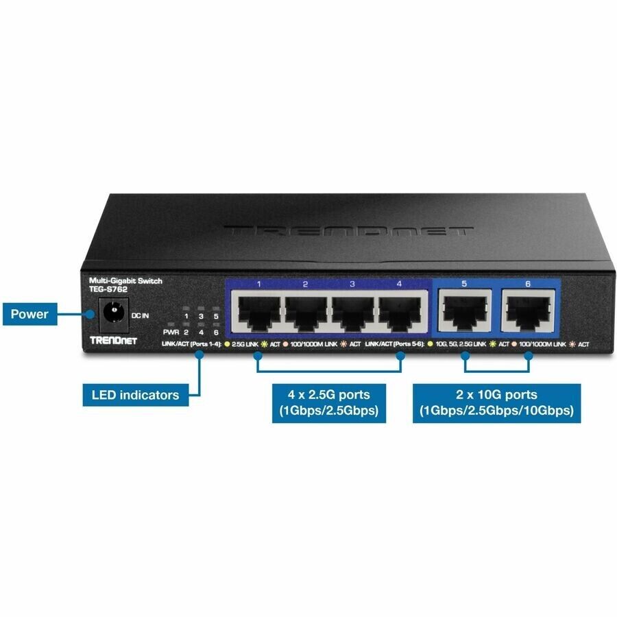 TRENDnet TEG-S762 6 Port 10G 4x 2.5G 2x 10G Ethernet Switch Wall Desktop Metal