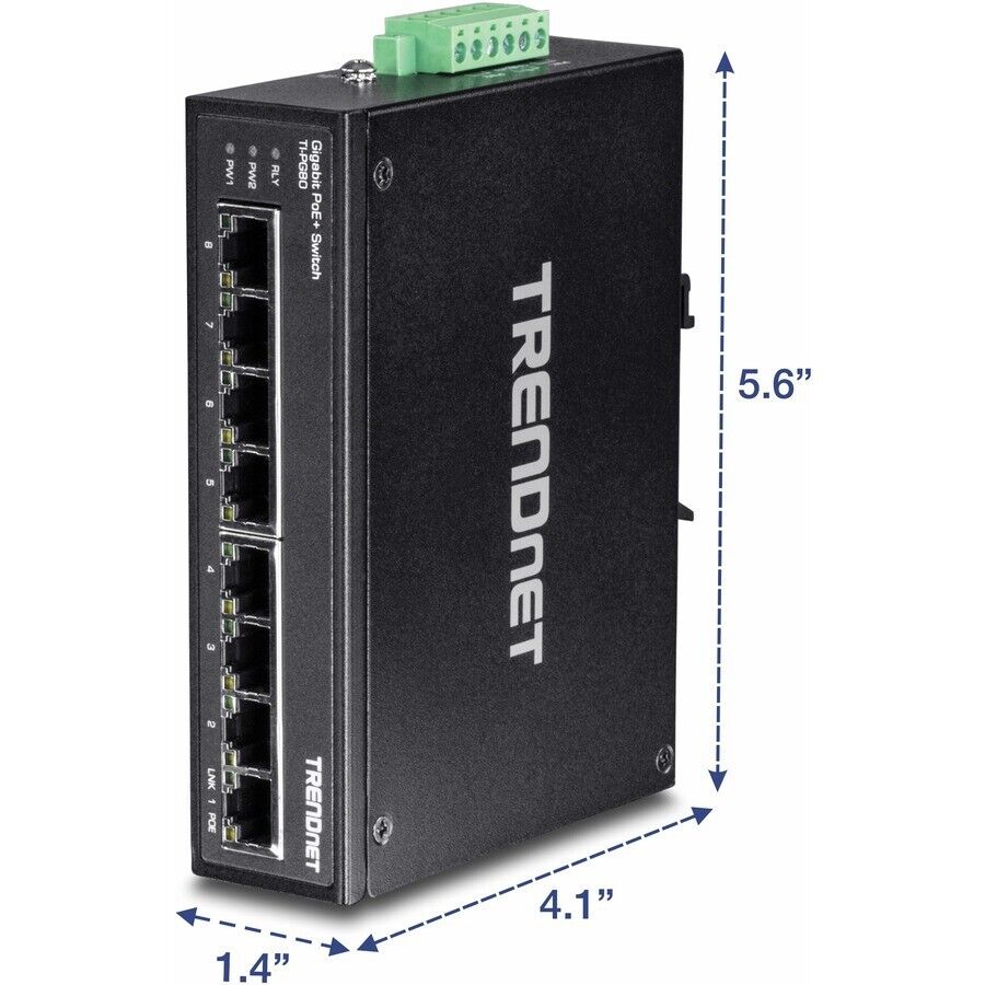 TRENDnet TI-PG80 8 Port Hardened Industrial Gigabit PoE+ DIN-Rail Switch IP30