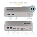 StarTech 101N-USBC-DOCK Dual-Monitor DP HDMI VGA USB-C Laptop Dock Station GRAY