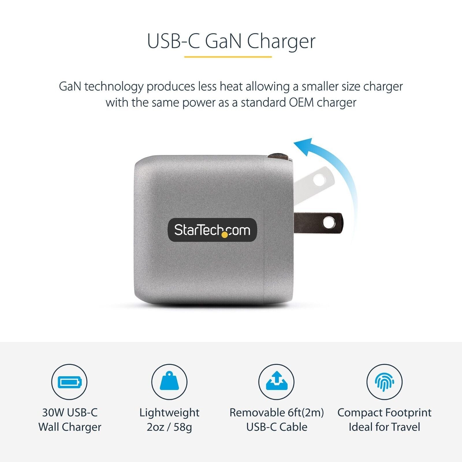 StarTech WCH1C30 USB-C Wall GaN Fast Charger Type C 110V-220V US NA Plug BLK-GRY