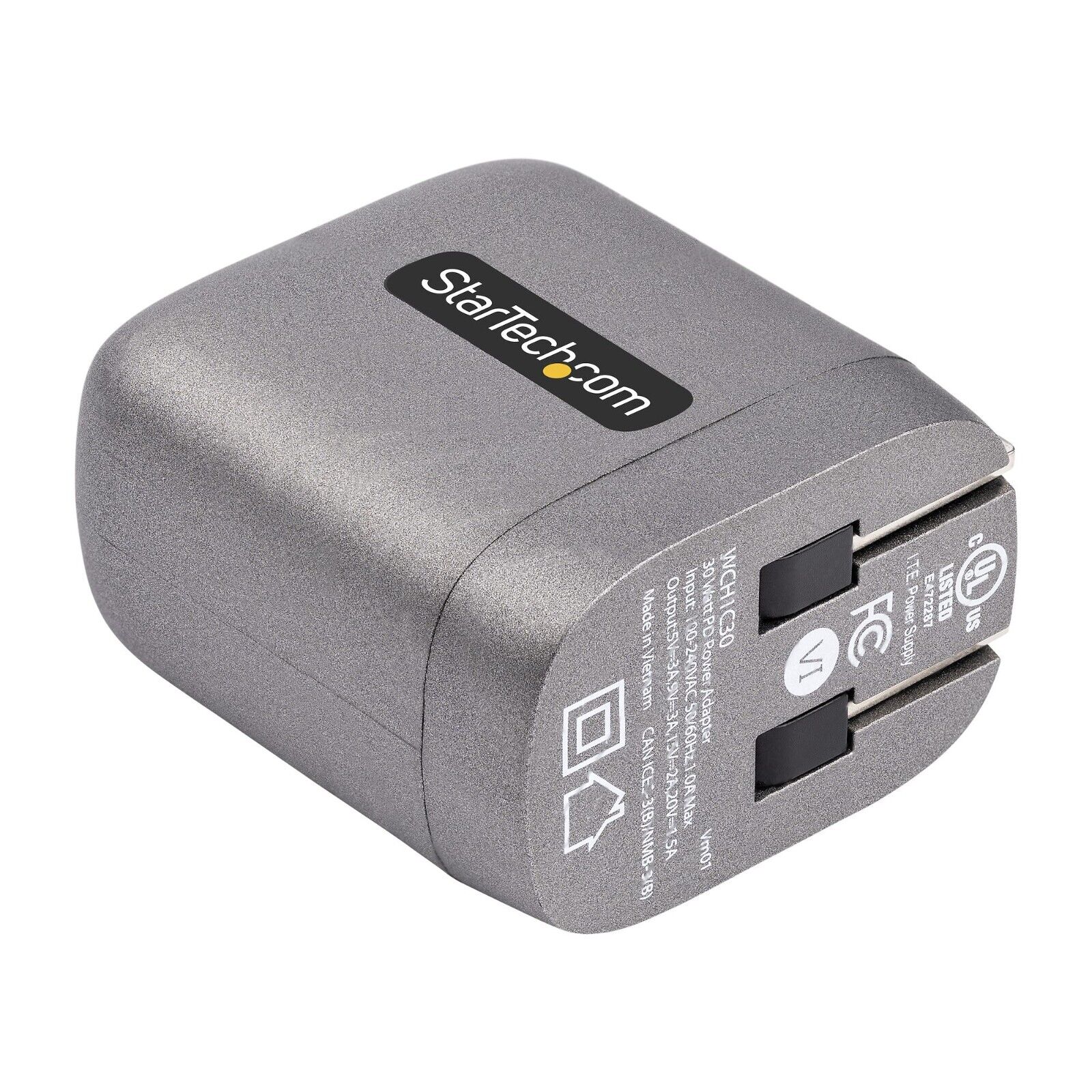 StarTech WCH1C30 USB-C Wall GaN Fast Charger Type C 110V-220V US NA Plug BLK-GRY