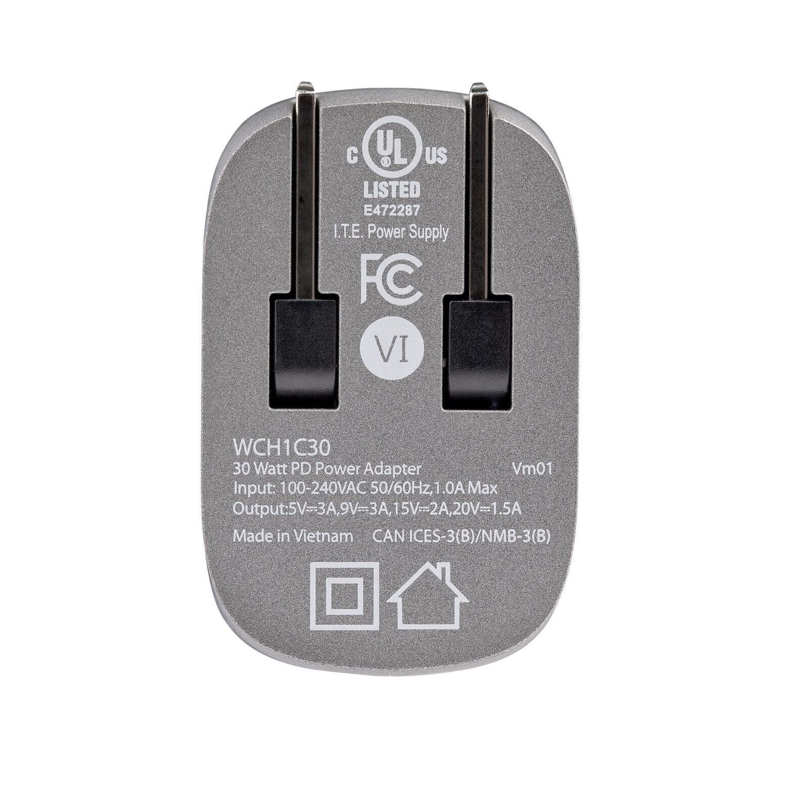 StarTech WCH1C30 USB-C Wall GaN Fast Charger Type C 110V-220V US NA Plug BLK-GRY