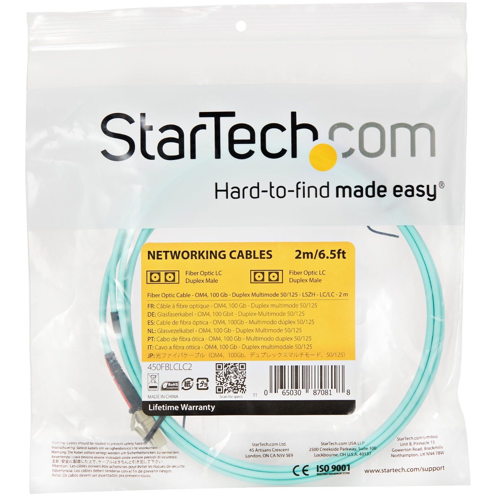 StarTech 450FBLCLC2 6Ft 2m LC/LC UPC OM4 Multimode Fiber Optic LSZH Jmp Cable