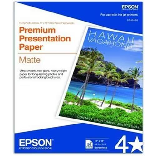 Epson S041468 50 Sheet 11"x14" Borderless Matte Heavy High Resolution Paper Whte