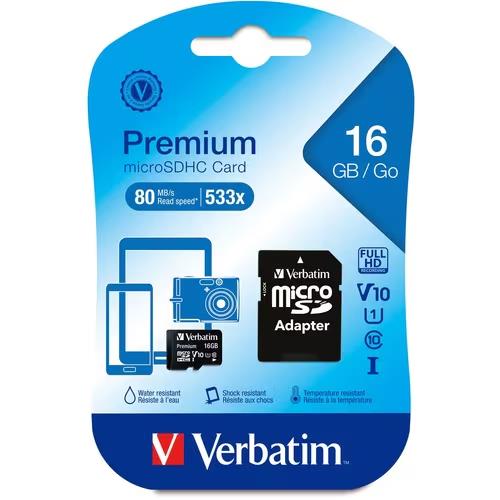 Verbatim 44082 16GB Premium microSDHC Memory Card w Adapter UHS-I V10 U1 Class10