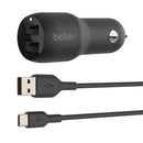 Belkin CCE001BT1MBK BoostCharge Dual USB-A 24W Car Charger 5V w 3Ft Cable Black
