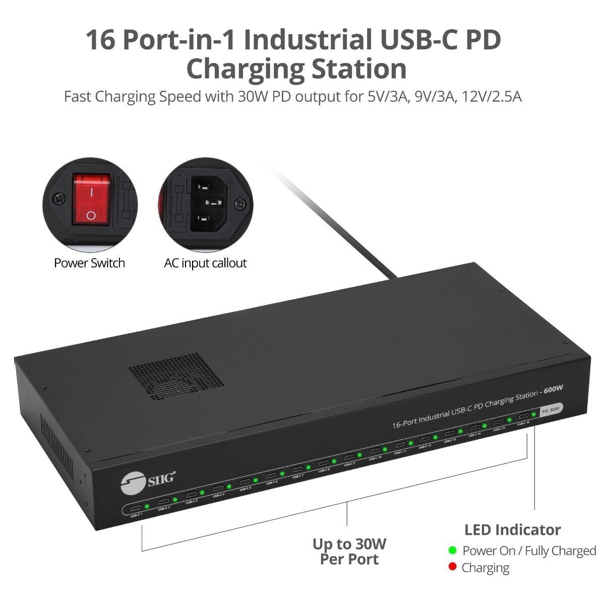 SIIG ID-US0A11-S1 16-Port Industrial USB-C PD Charging Station 600W 5V 9V 12V