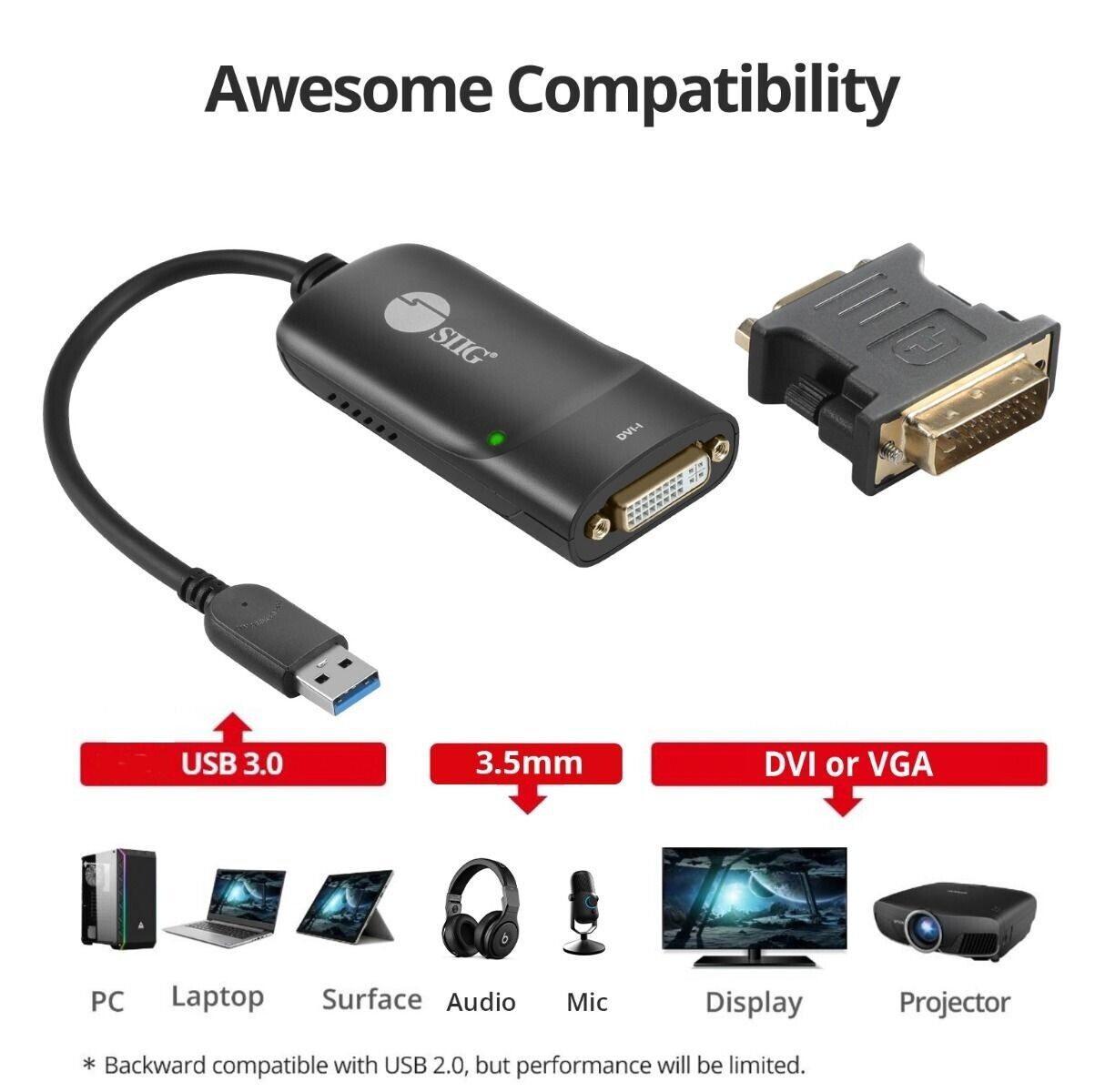 SIIG JU-DV0112-S3 USB 3.0 to DVI VGA Pro Adapter 1080p w DVI to VGA Adapter