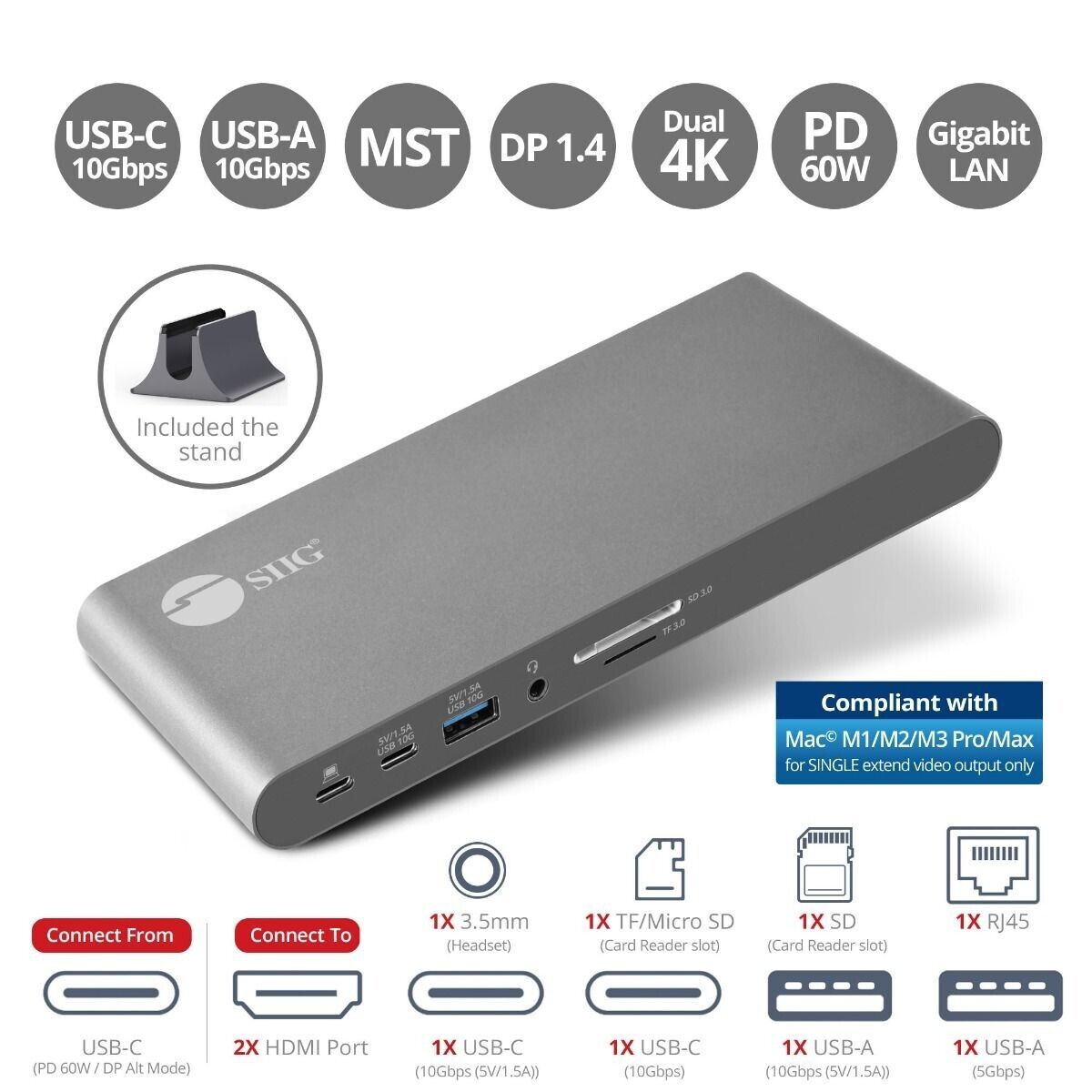 SIIG JU-DK0N11-S1 USB-C Dual Video MST Docking Station w 60W PD Charging RJ45 SD