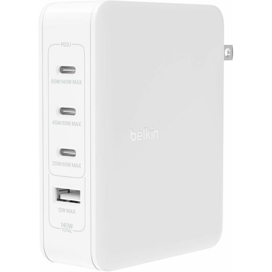Belkin WCH014dqWH BoostCharge Pro Quad USB-C/A GaN 140W Wall Charger Power White