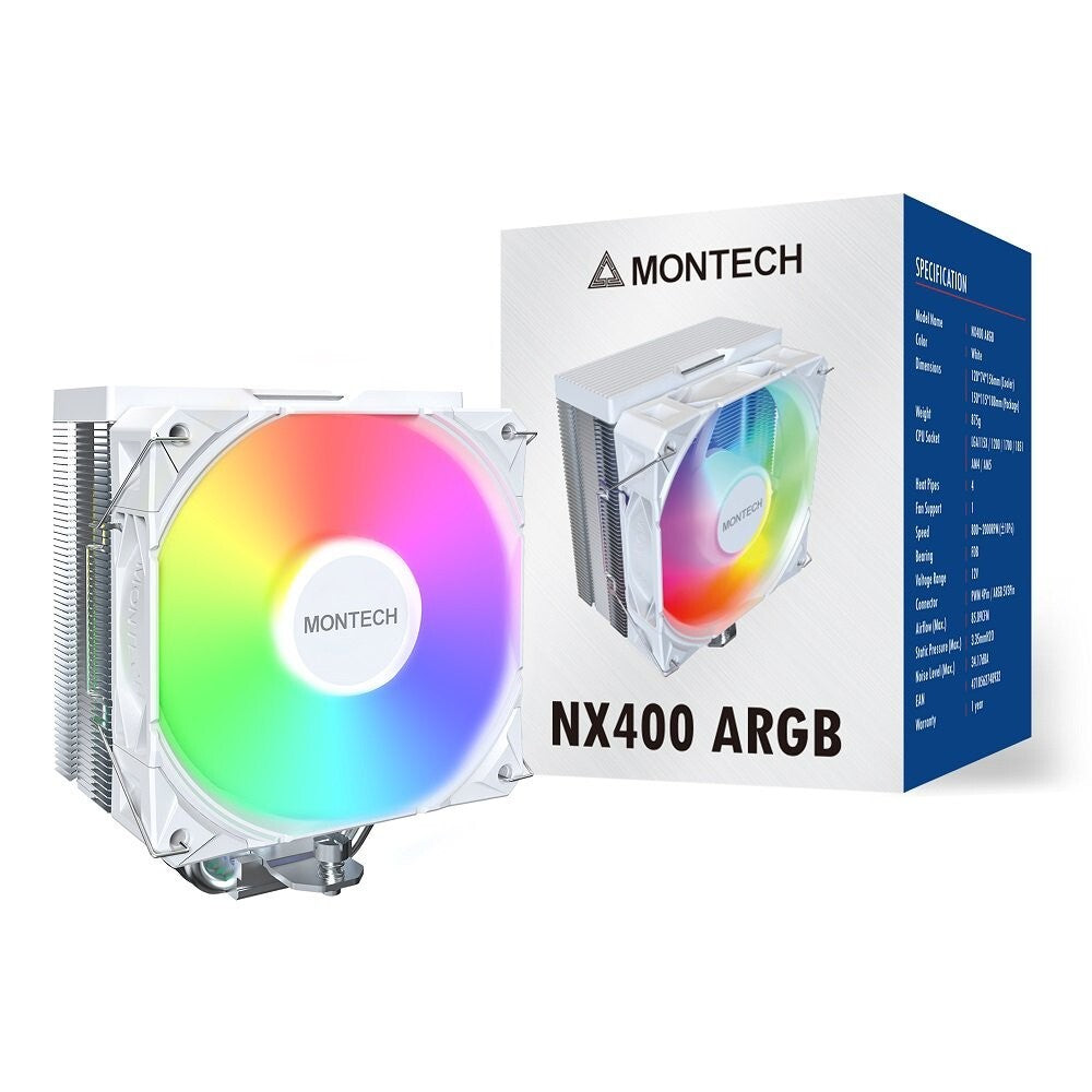 MONTECH NX400ARGBW NX400 ARGB CPU Air Cooler Single Tower, 4 Advanced Heat Pipes