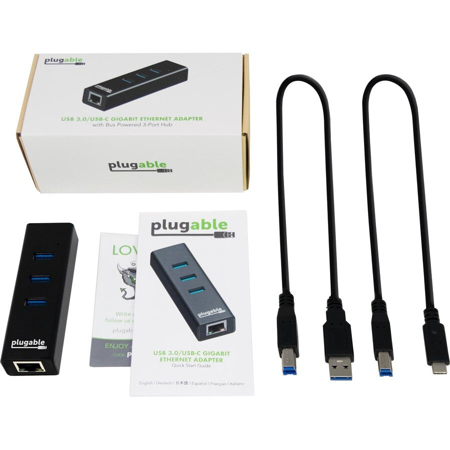 Plugable USB3-HUB3ME 3 Port USB Hub 3.0 Bus Powered Hub With Gigabit Ethernet