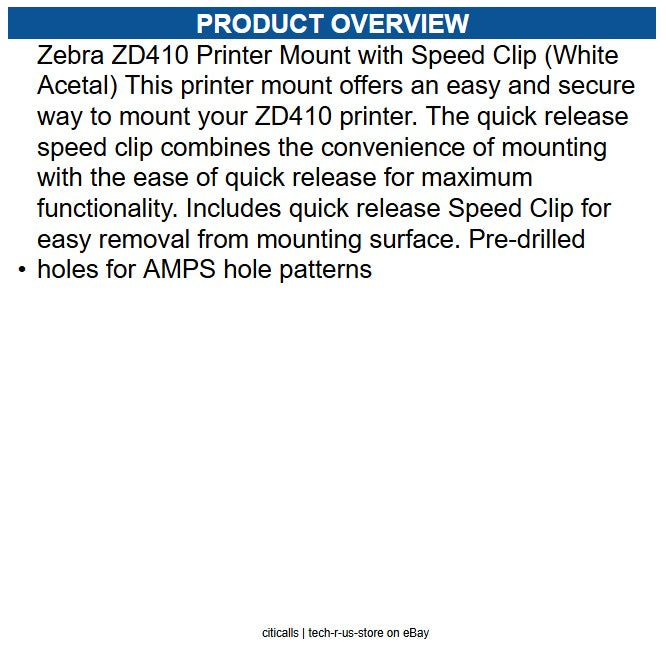 ProClip USA 241329 Zebra ZD410 Printer Mount with Speed Clip (White Acetal)