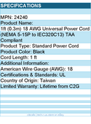C2G 24240 1ft Universal Power Cord - 18 AWG - NEMA 5-15P to IEC320C13 - Black
