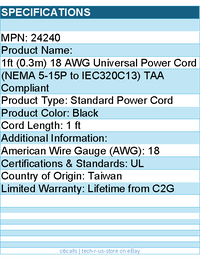 C2G 24240 1ft Universal Power Cord - 18 AWG - NEMA 5-15P to IEC320C13 - Black