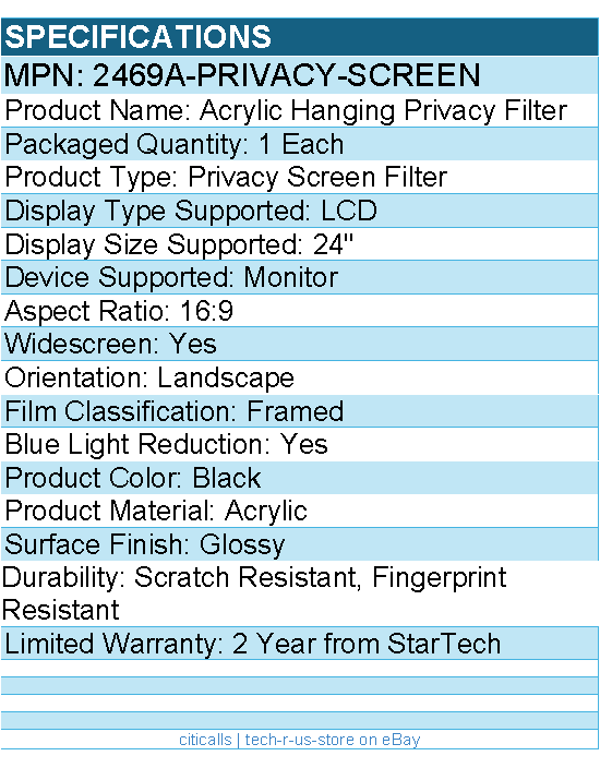 StarTech 2469A-PRIVACY-SCREEN 24-inch 16:9 Computer Monitor Privacy Screen