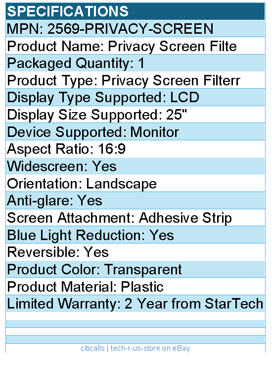 StarTech 2569-PRIVACY-SCREEN 25-inch 16:9 Computer Monitor Privacy Screen